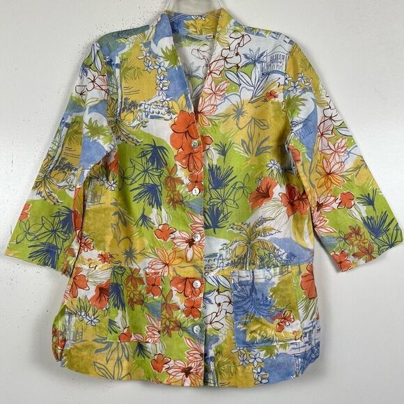 Hot Cotton Lagenlook Linen Jacket Medium Floral Print Button Front with Pockets - Picture 1 of 9